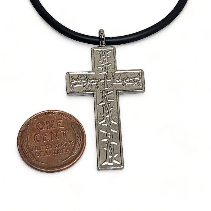 Thorns Cross Dark Metal Finish Pendant Black Cord Necklace