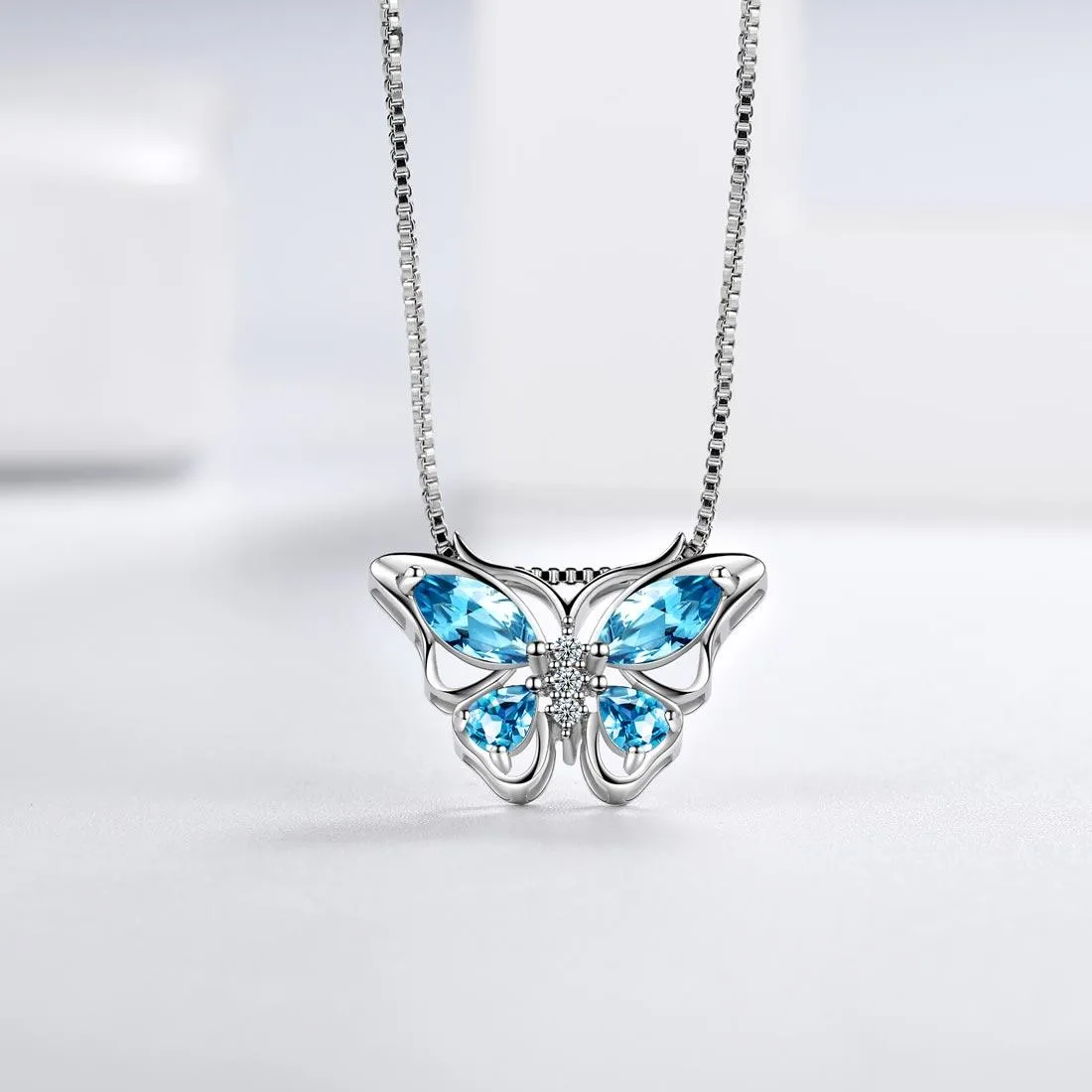 Tokyo Mart Butterfly Pendant Necklace Birthstone March Aquamarine Women Girls Jewelry Birthday Gift