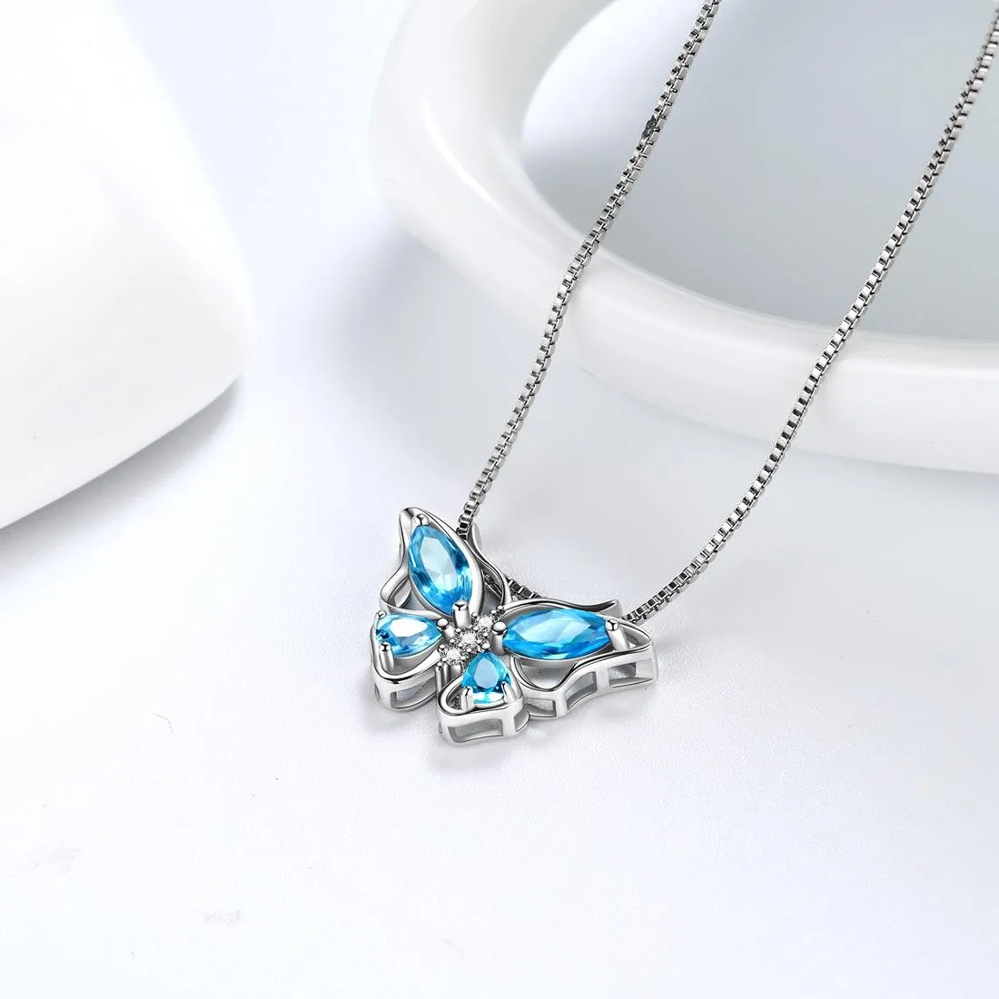 Tokyo Mart Butterfly Pendant Necklace Birthstone March Aquamarine Women Girls Jewelry Birthday Gift