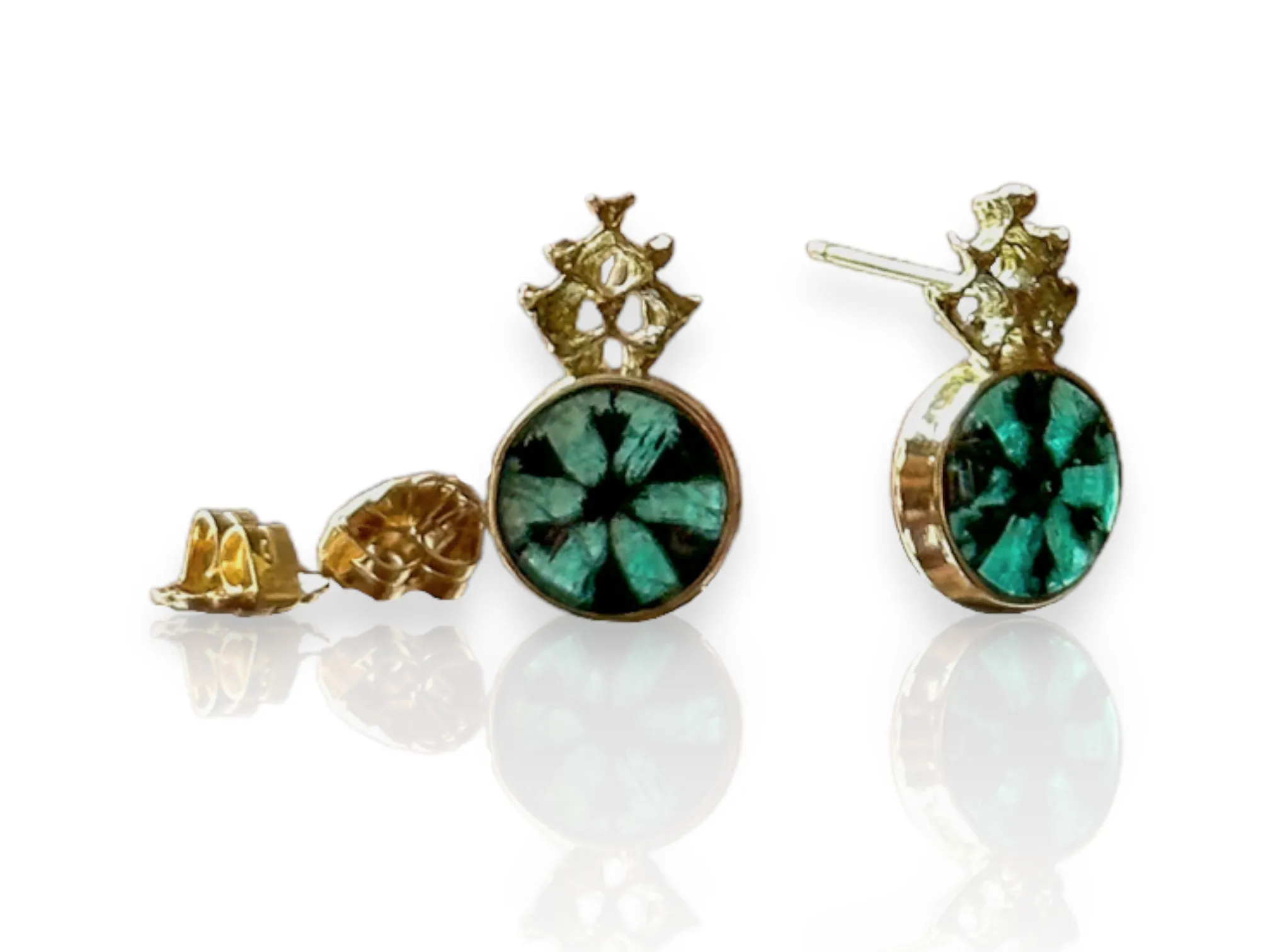 Trapiche Emerald and Gold Pinecone Arrow Earrings