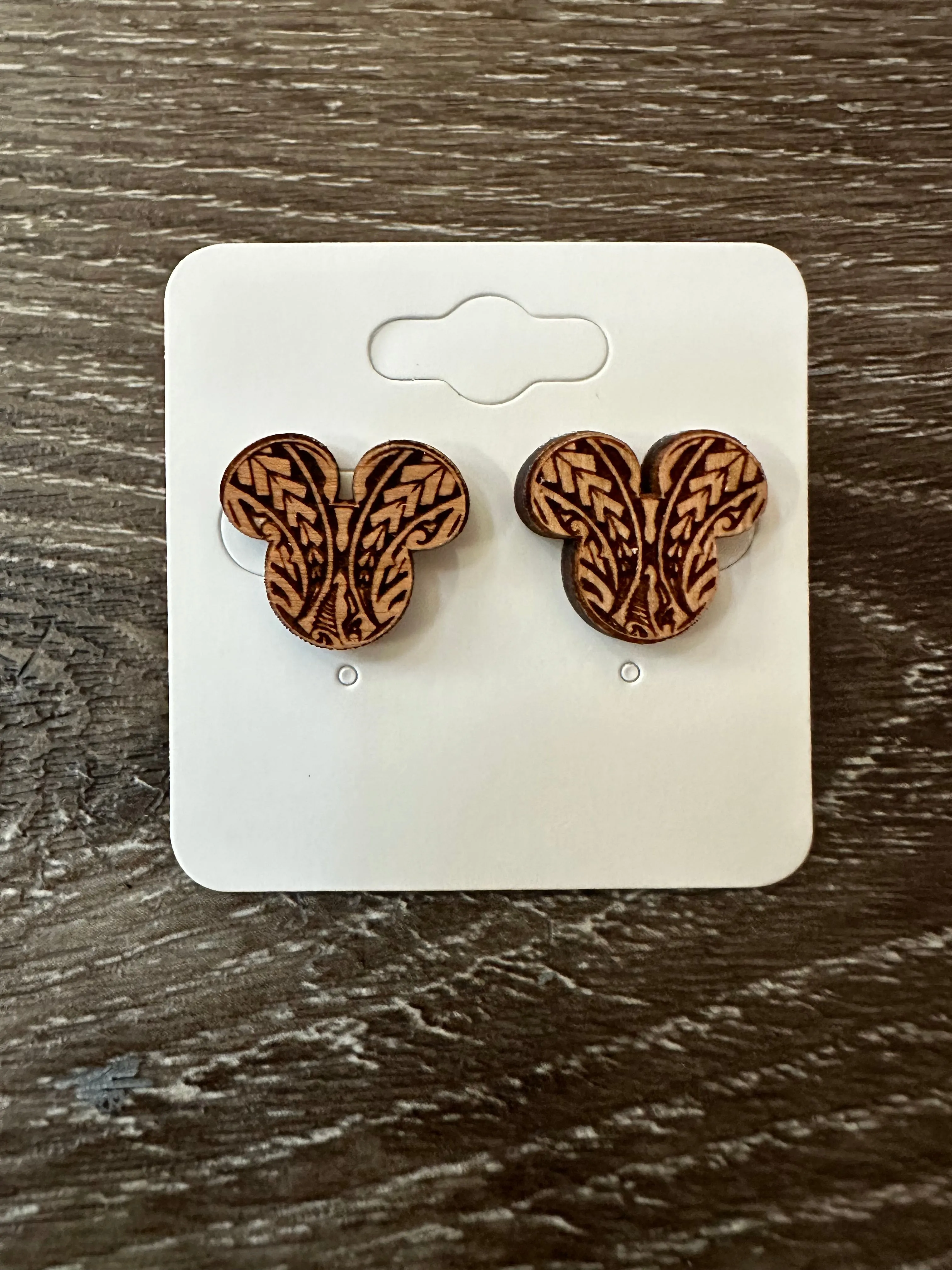 Tribal Mouse Wooden Stud Earrings