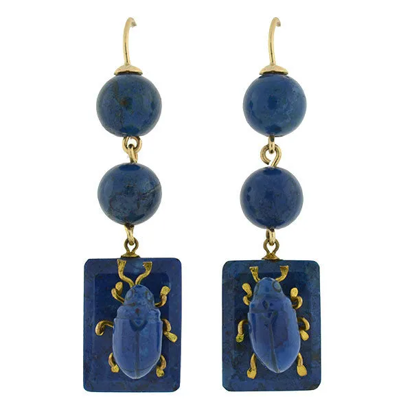 Victorian 10kt Carved Sodalite Bug Earrings