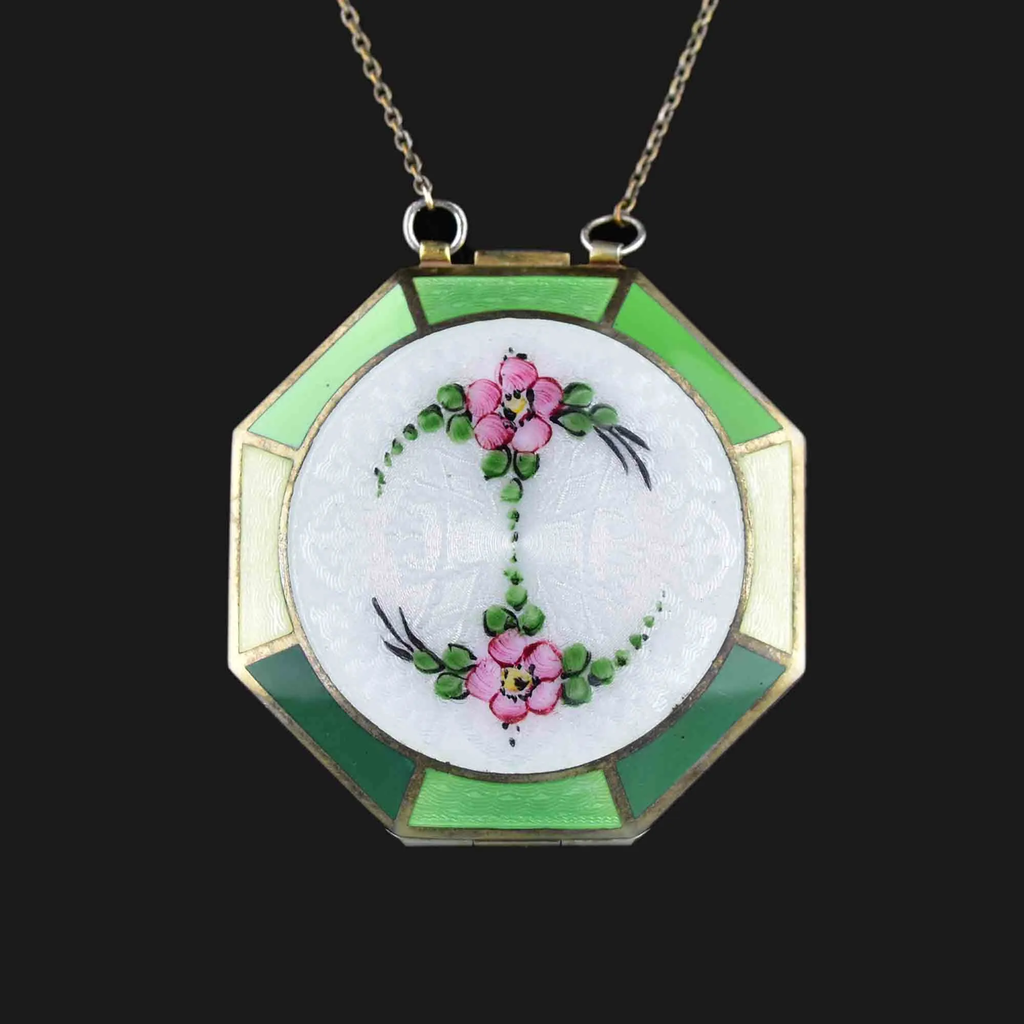 Vintage Art Deco Guilloche Enamel Rouge Powder Locket Necklace