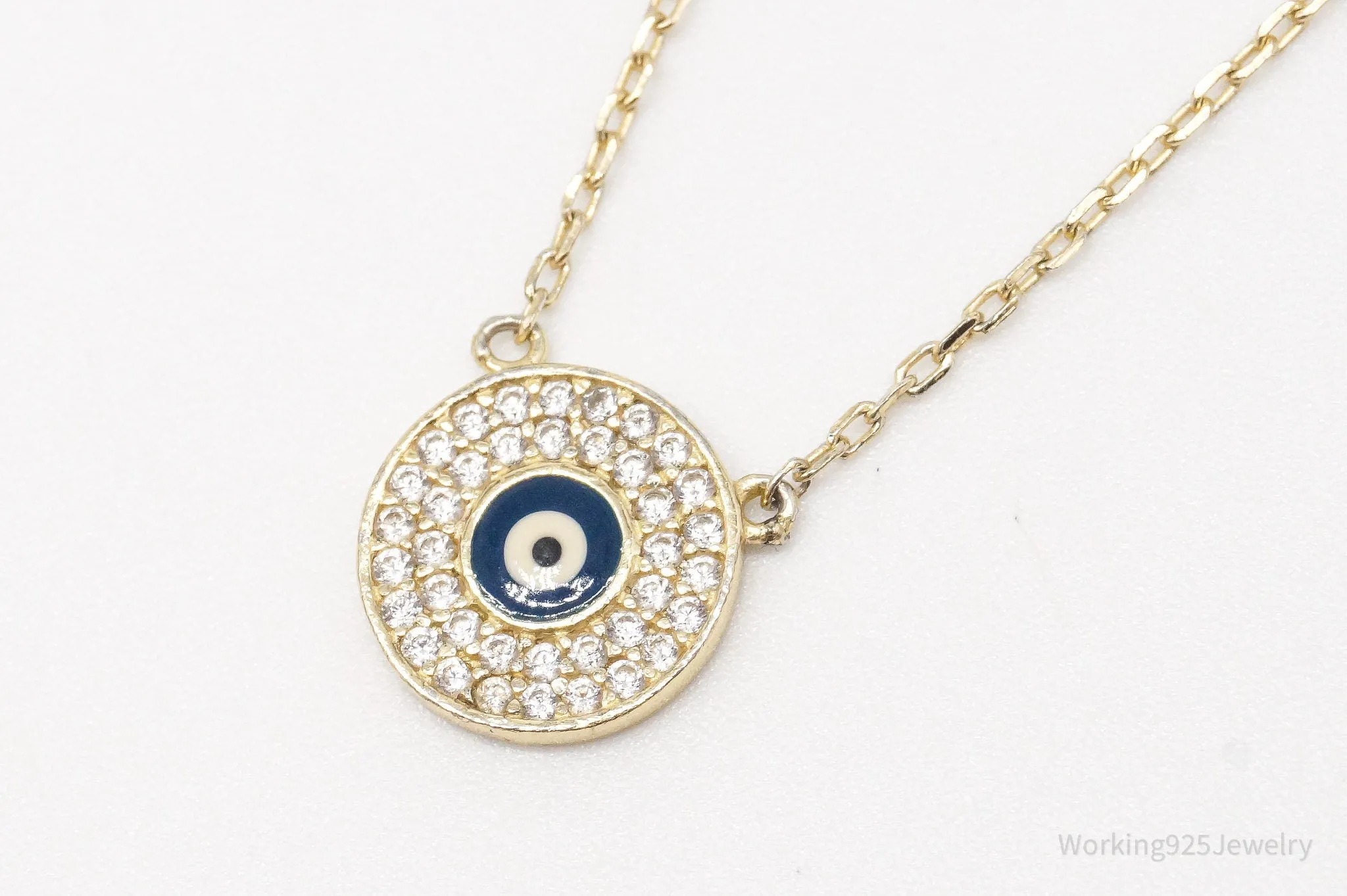 Vintage Evil Eye Cubic Zirconia Gold Vermeil Sterling Silver Necklace 18"