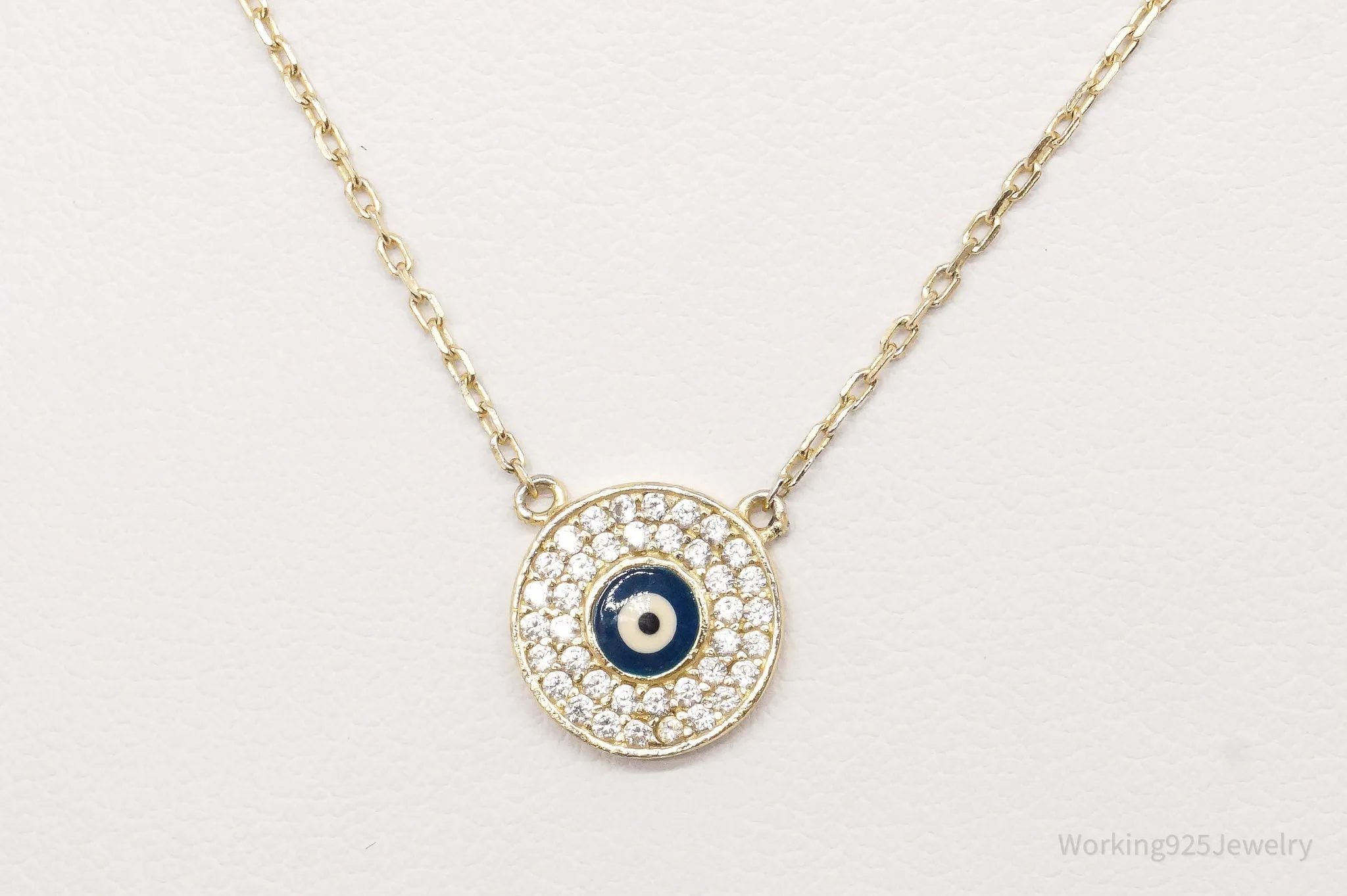 Vintage Evil Eye Cubic Zirconia Gold Vermeil Sterling Silver Necklace 18"