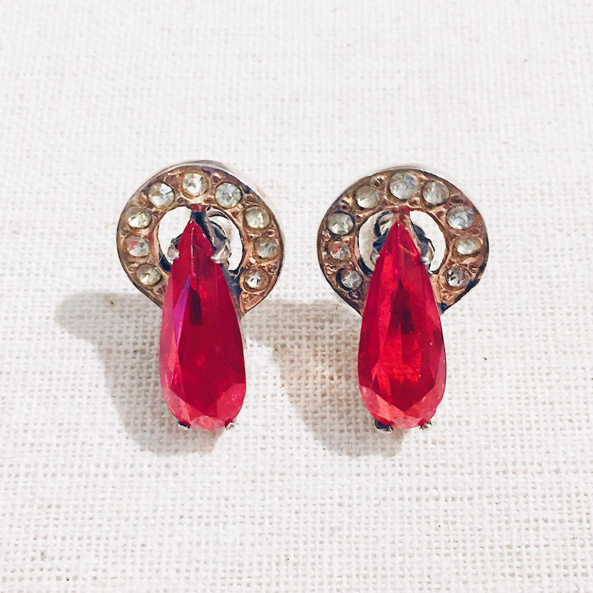 Vintage Sterling Silver Ruby Paste Drop Screwback Earrings