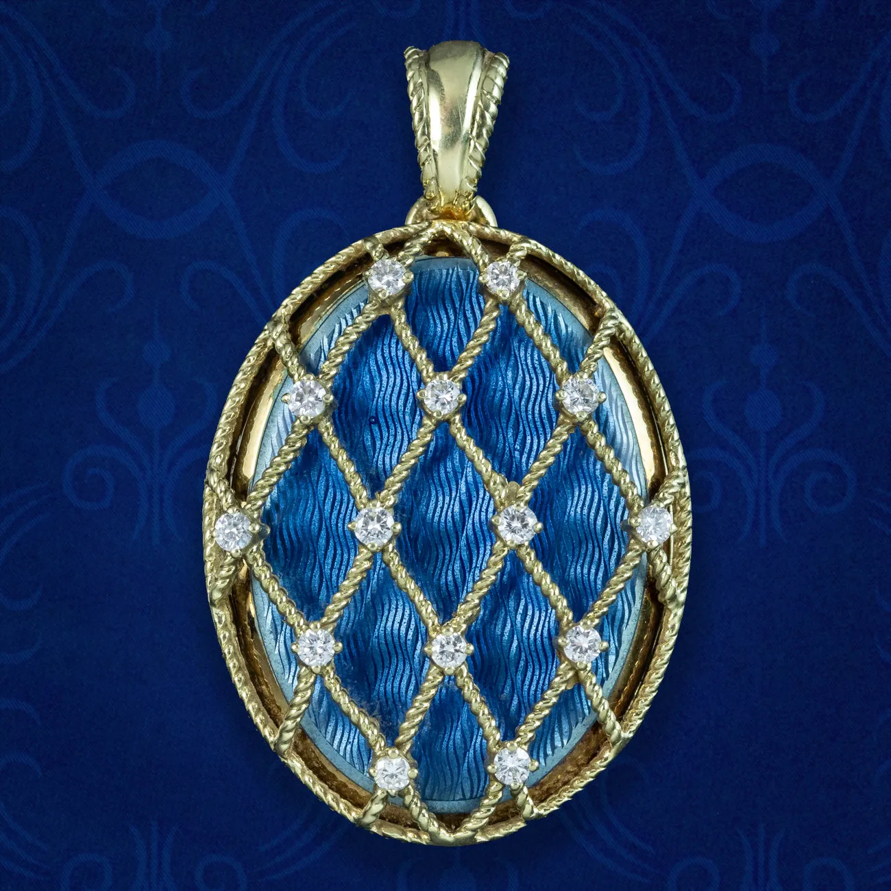 Vintage Victor Mayer Blue Guilloche Enamel Diamond Locket 14ct Gold