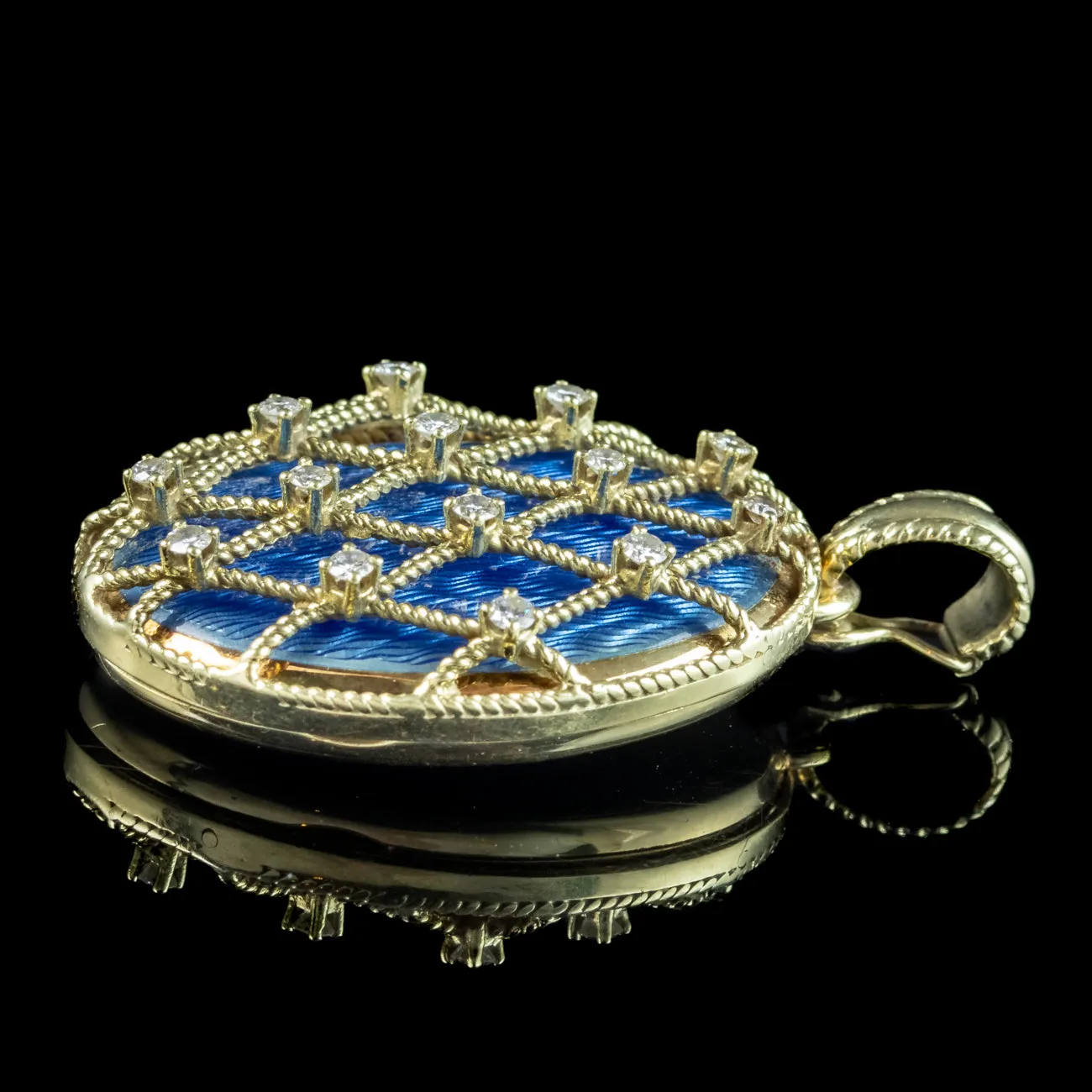 Vintage Victor Mayer Blue Guilloche Enamel Diamond Locket 14ct Gold