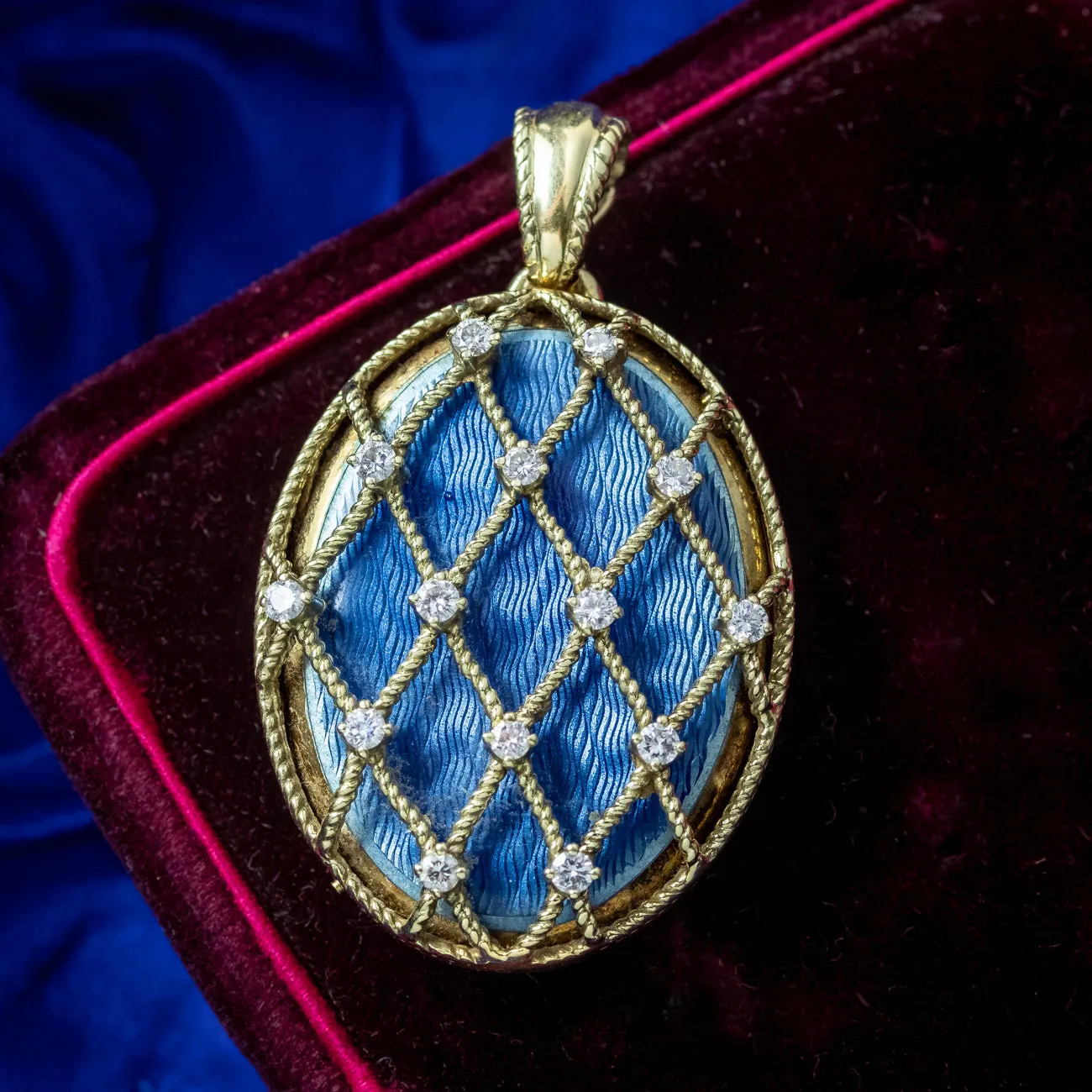 Vintage Victor Mayer Blue Guilloche Enamel Diamond Locket 14ct Gold