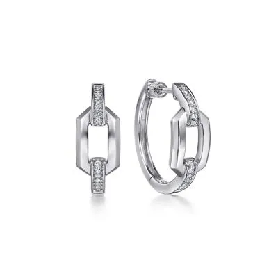 White Sapphire Link Chain Hoop Earrings in Sterling Silver